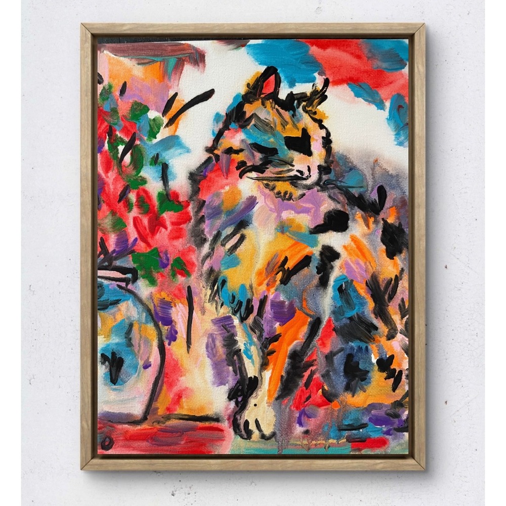 OMAN Original Abstract Cat Painting 8x10 Canvas Expressionist Colorful Pet Art